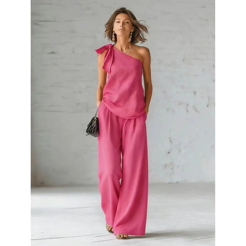2026 Summer Sexy Off Shoulder Tank Tops Wide Leg Pants Two Piece Sets Casual Loose Solid High Waist Pants Sets Lace Tops Outfits