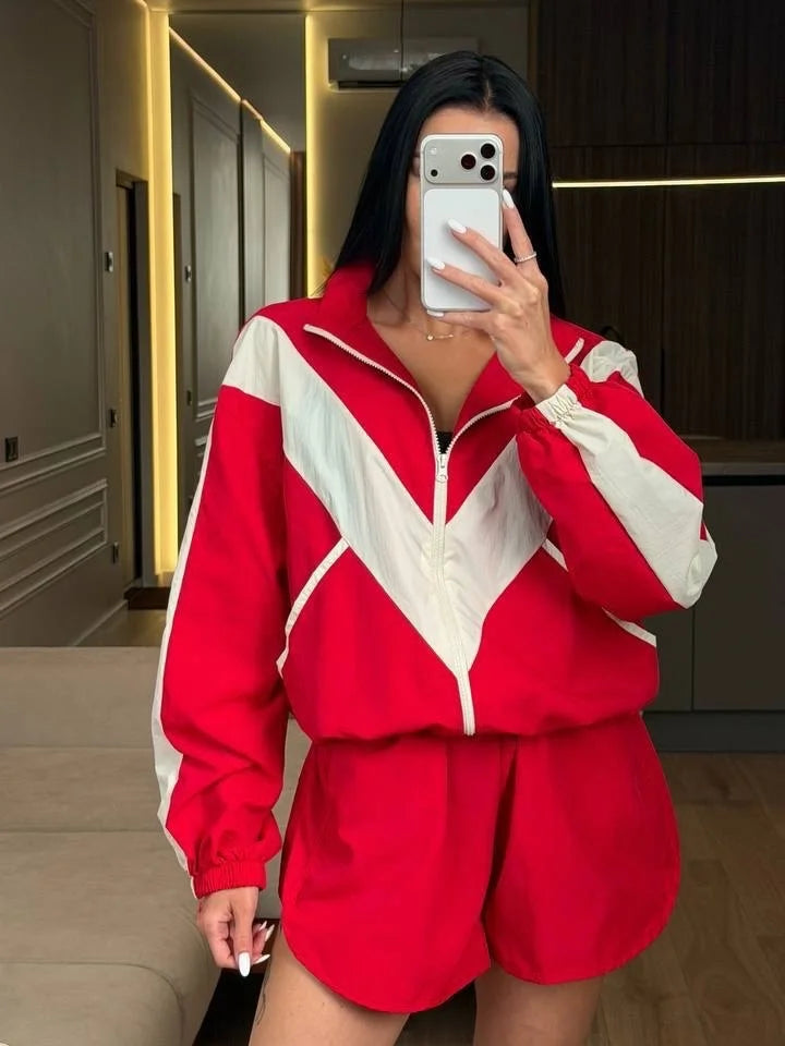 Lady'snavy Chevron Stripe Windbreaker Tracksuit Zip Cropped Jacket Contrast Trim Shorts 2026 Casual Sport Daily Jogging Street