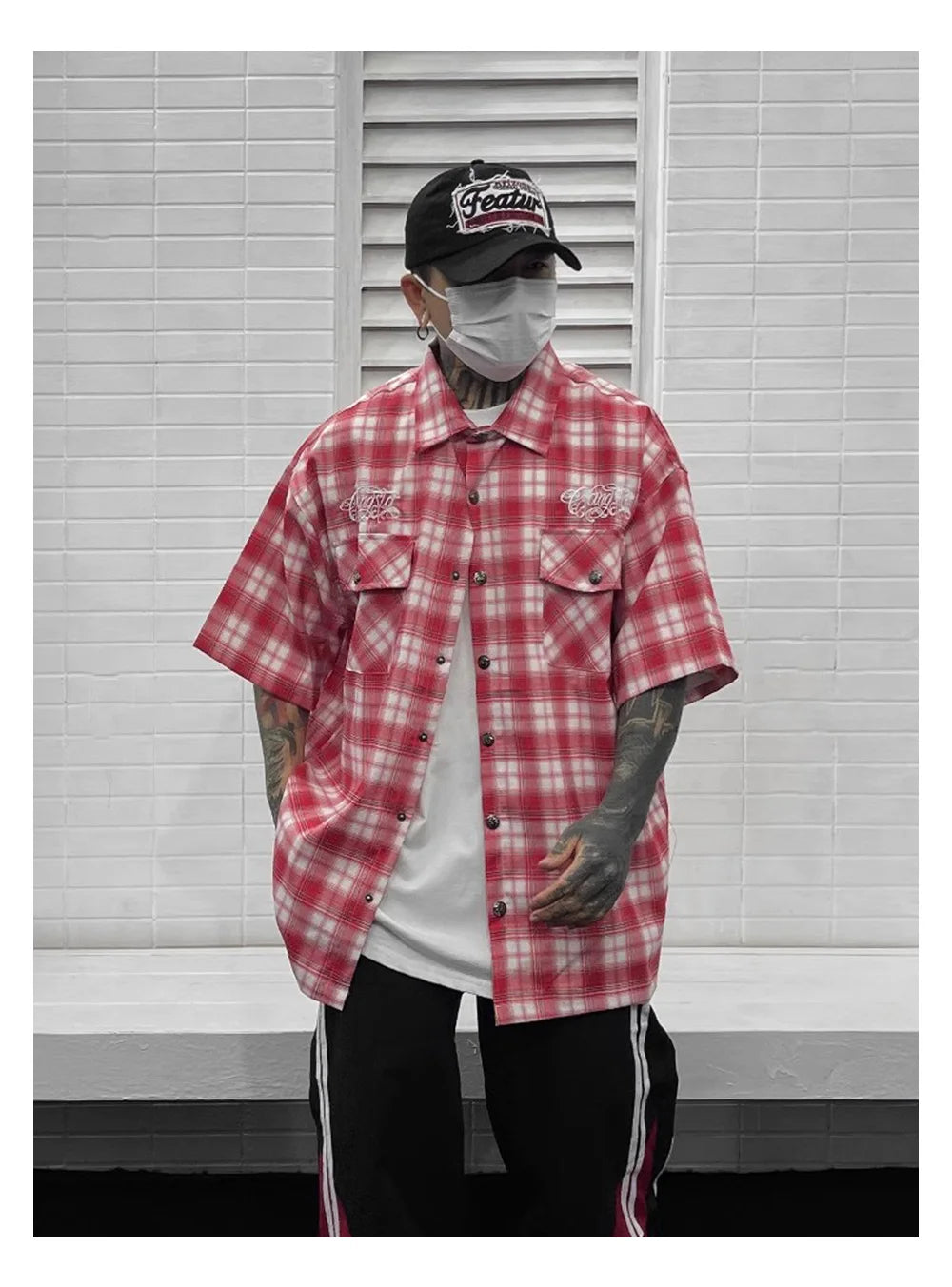 Chicano Safari Short Sleeve Shirt Mens Summer Streetwear Casual Loose Letter Embroidery Lapel Plaid Shirt Man