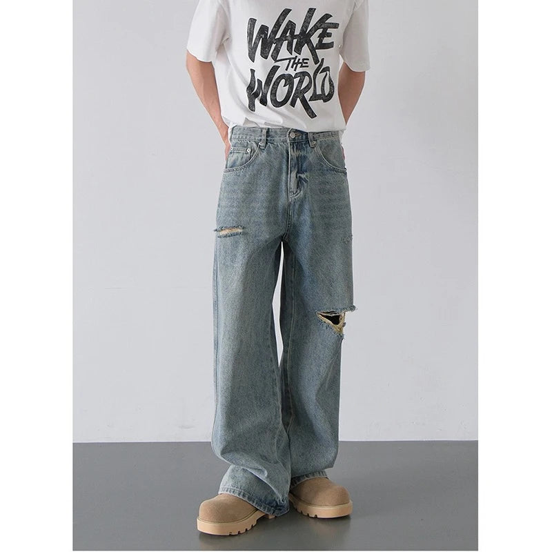2026 Spring Summer New Men Baggy Ripped Straight Leg Wide Leg Jeans American Style Vintage Trend Male Versatile Denim Trousers