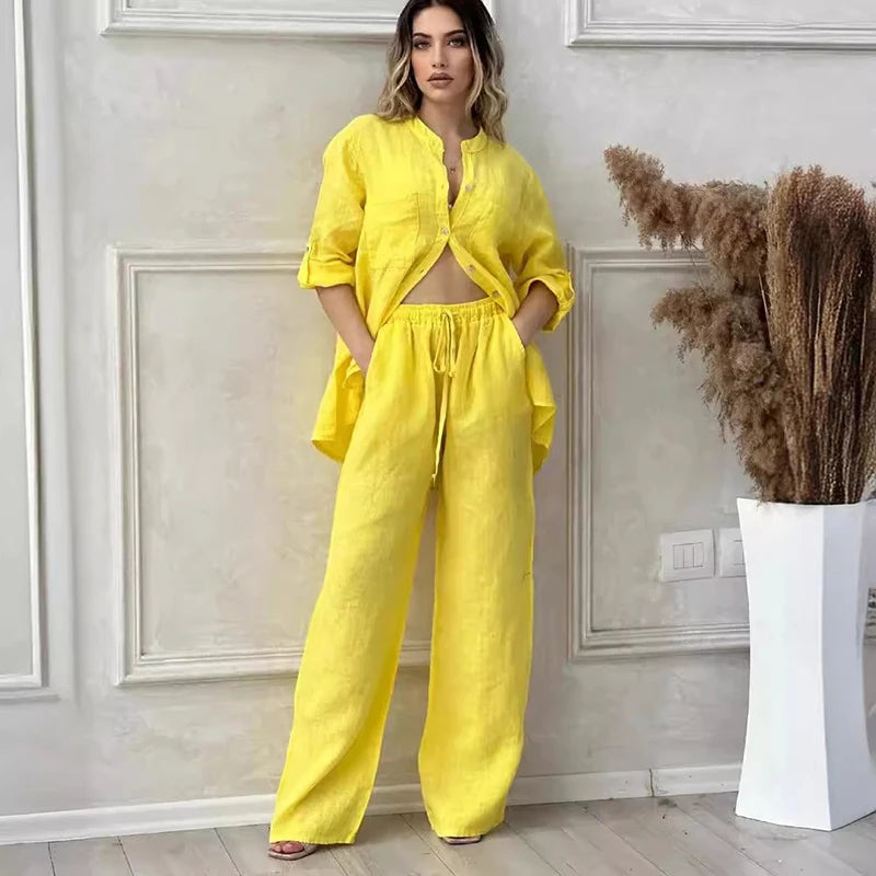 Women Two Piece Sets Spring Autumn Casual Long Sleeve Pocket Shirts 2 Piece Set Fashion Loose Wide Leg Pants OL Work Suit Outfit