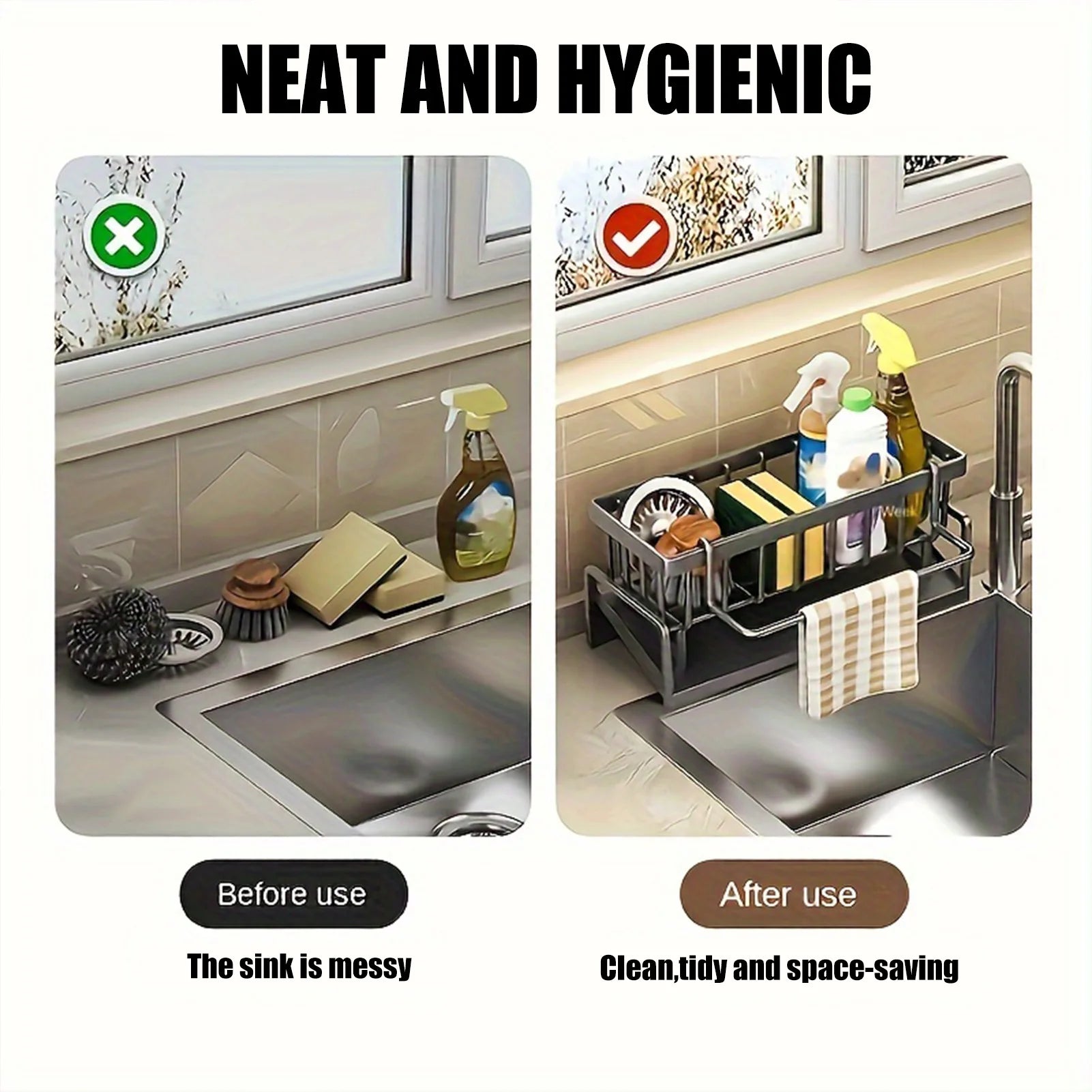 Kitchen Sink Organizer Countertop Rack Multifunctional Sponge/Cleaning Cloth/Brush Holder Drain Rack Dish Soap Storage