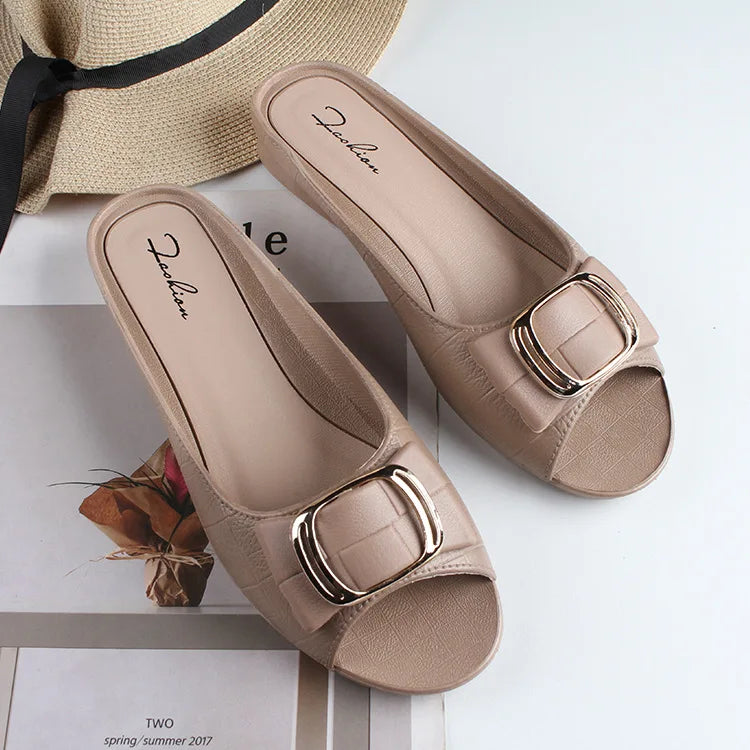 Summer Women Square Buckle Open-Toe Slippers Single Strap Flat Sandals Lady Solid Color Outdoor Beach Shoes Adult Casual Sandals