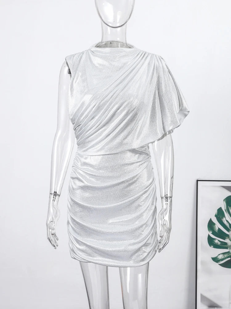 Chic Sequin Solid Dress Women Sexy O-neck Sleeveless Pleated Waist-cinched Empire Dresses Elegant Party Spring Lady Gown 2026