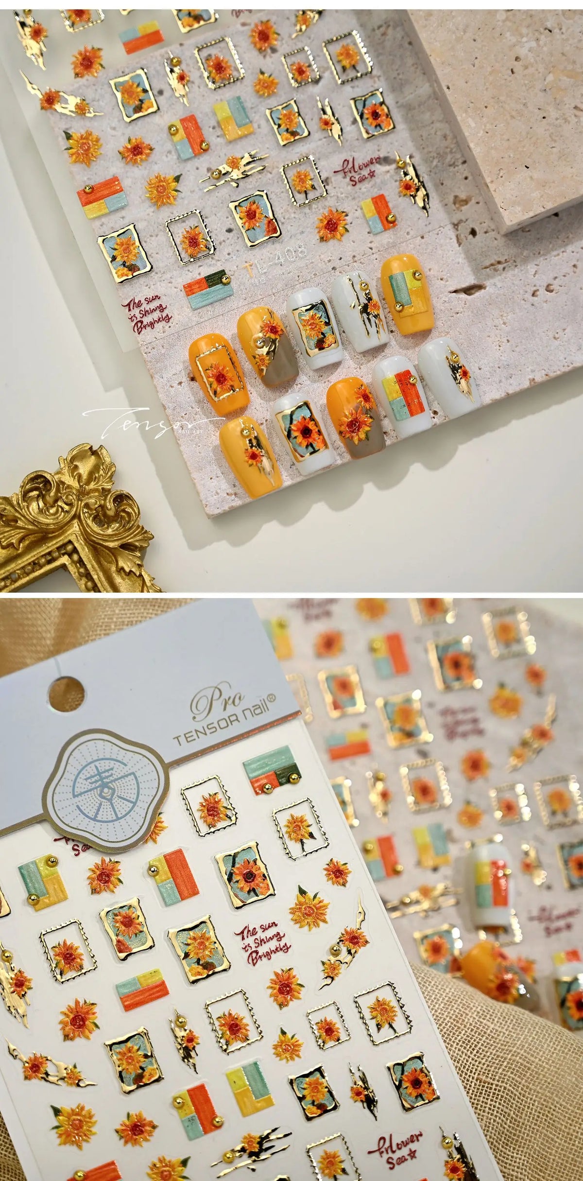 Gold Stamped Frame Oil Painting Style Sunflowers Metal Bead 3D Self Adhesive Nail Art Stickers Autumn Manicure Decals Wholesale