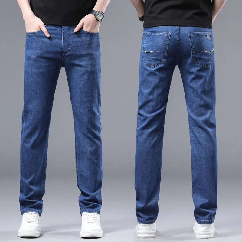 New Men Spring Autumn Straight Leg Business Jeans Trend Male Baggy Stretch Daily Casual Comfortable Black Gray Denim Trousers