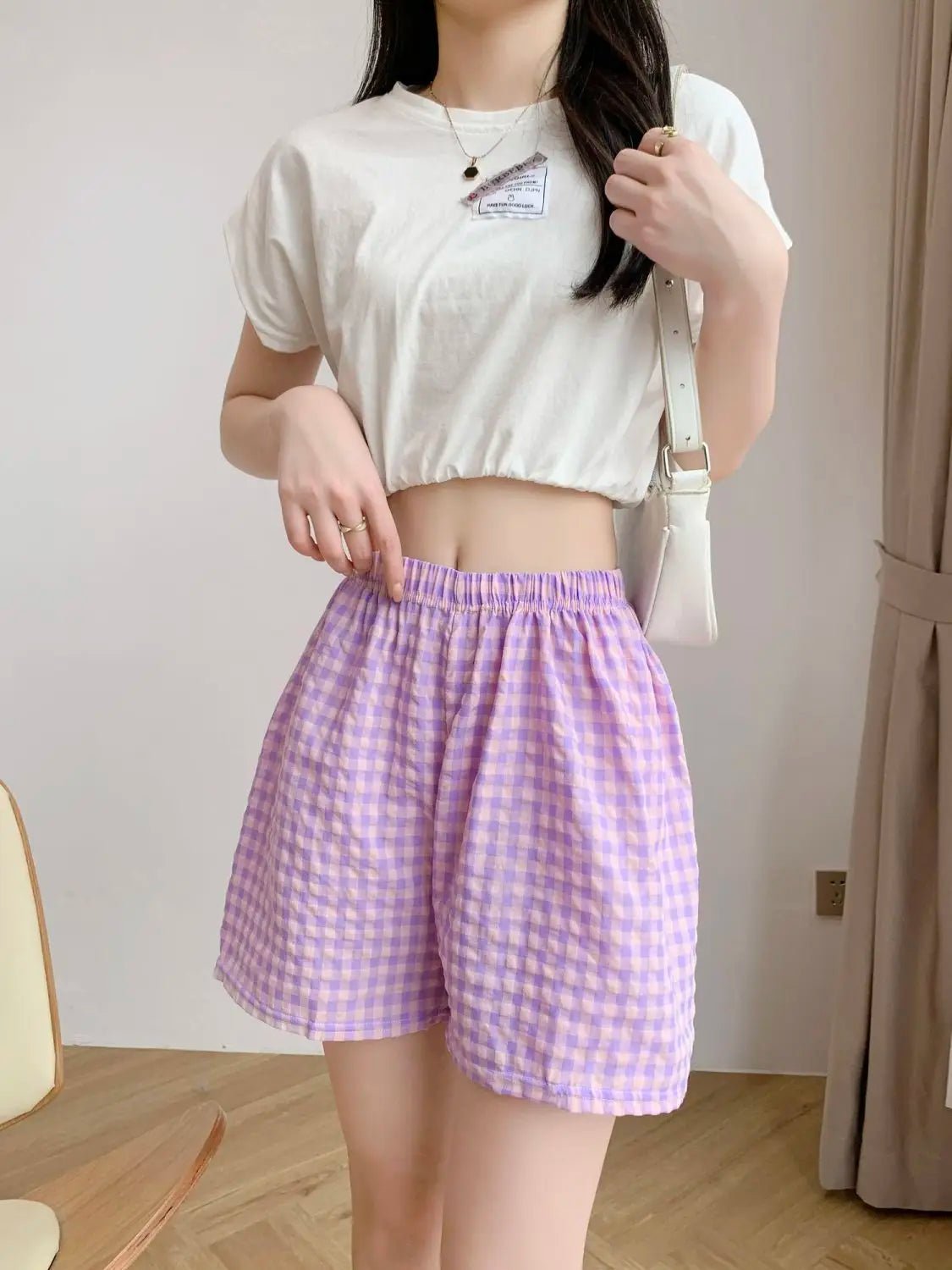 Summer Home Shorts Women's High Waisted Slimming Wide Leg Pants Sports Casual Pants Loose Plaid Pajama Pants