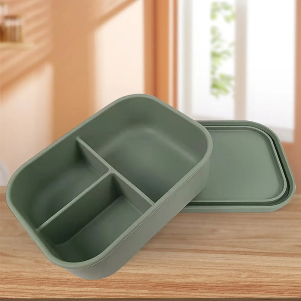 Durable 3 Compartments Silicone Lunch Box Microwavable Rectangular Lunch Container Heat Resistant Picnic box Office