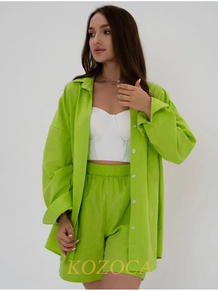 Summer Two Piece Set Women Shorts Suit Green Lapel Long Sleeve Shirts Sets Female Elegant Casual High Waist Pants Lady Outfits