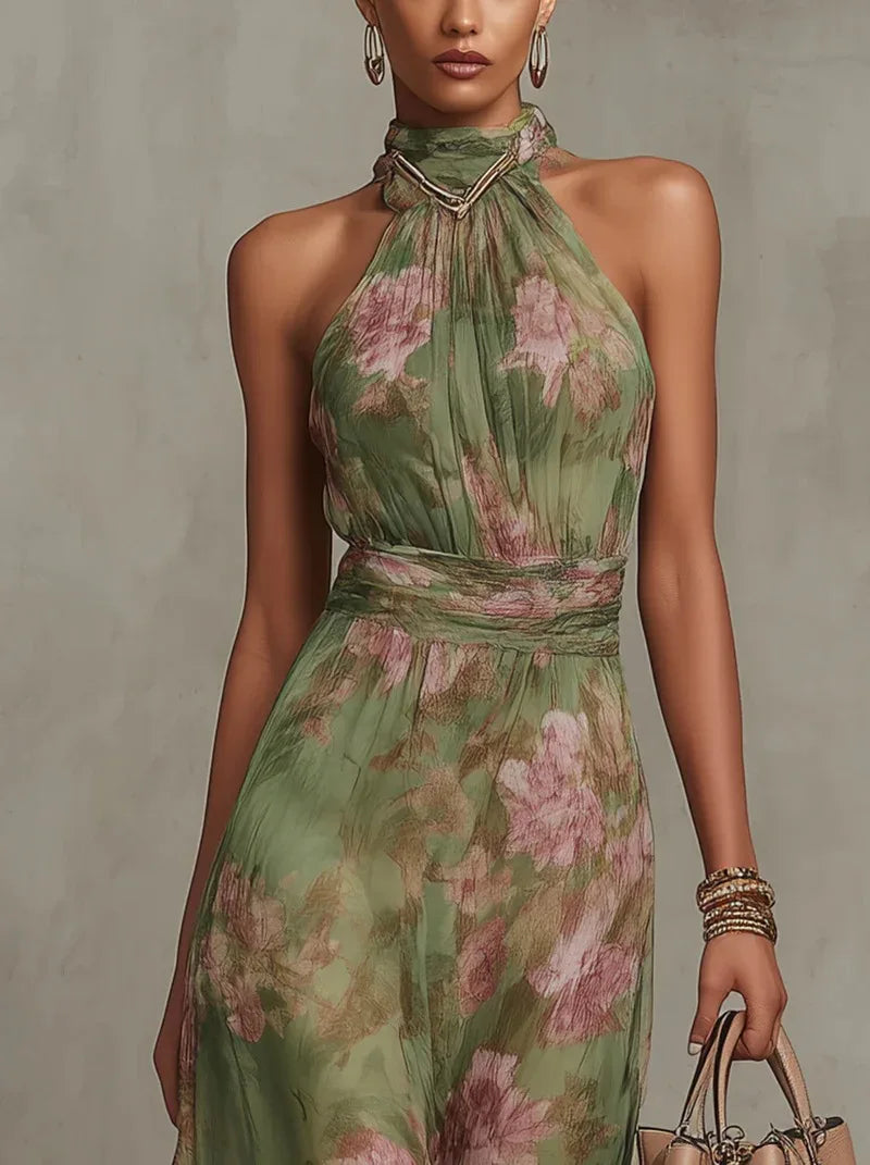 new Flower Print Women's Sleeveless Halter Maxi Dress Summer Fashion High Neck Ruched Waist Elegant Chic Holiday Party Dress