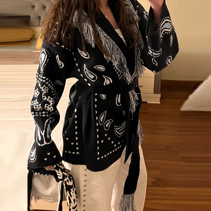 Casual Print Tassel Cardigan Women Elegant Belt V-neck Long Sleeve Knitted Sweaters Female 2026 Autumn Winter Knitwears Lady