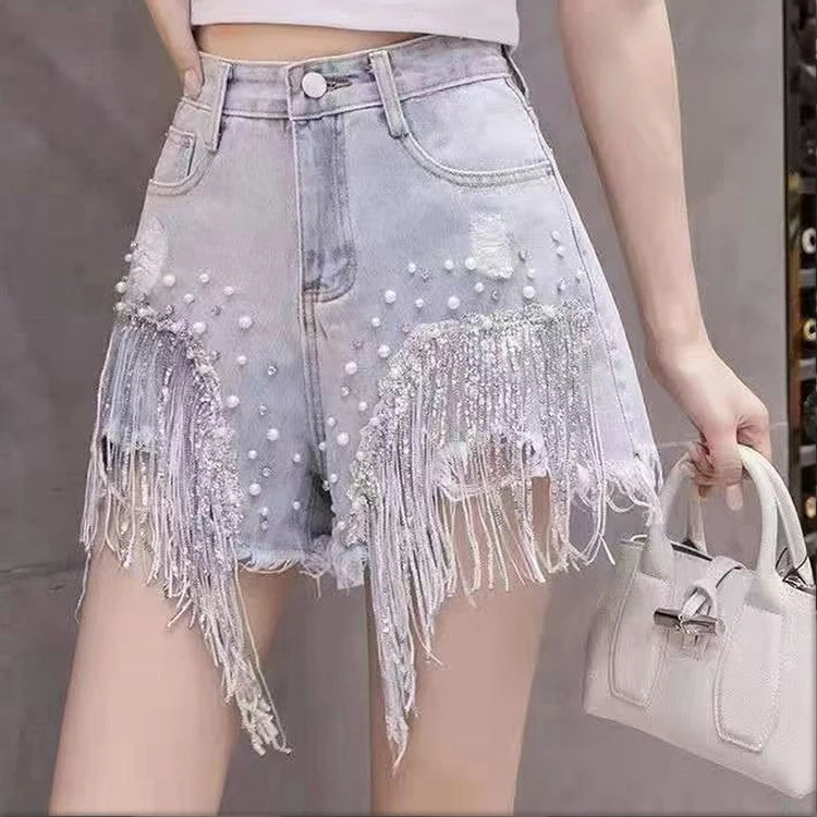 Heavy industry nail bead sequins tassel denim women niche design sense summer new versatile high-end slimming short pants
