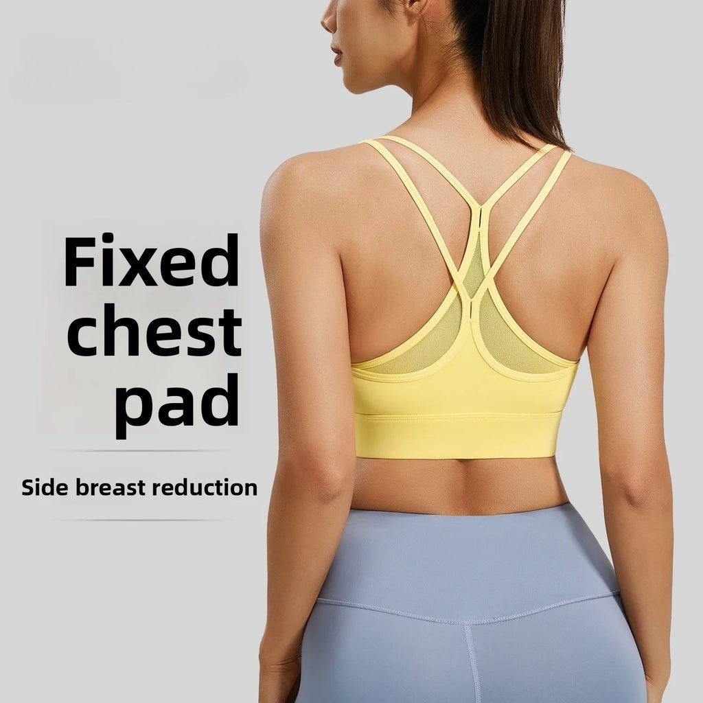 Women U Neck Fitness Crop Top Crossback Sports Bra Fixed Cups Vest, Shockproof Gym Running Workout Yoga Top