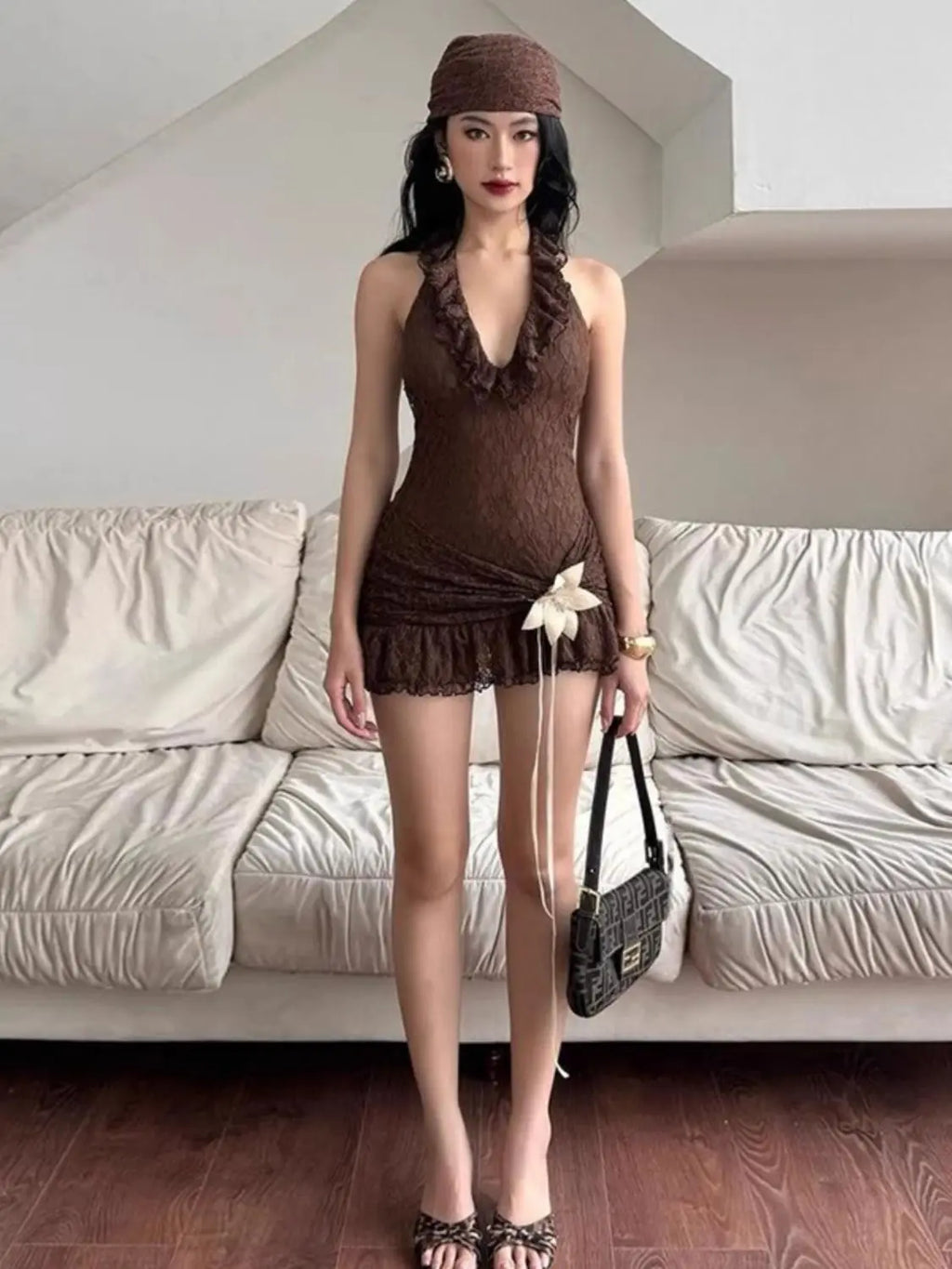 Sexy retro vacation ruffle edge deep V halter neck dress female slim slim slim skirt