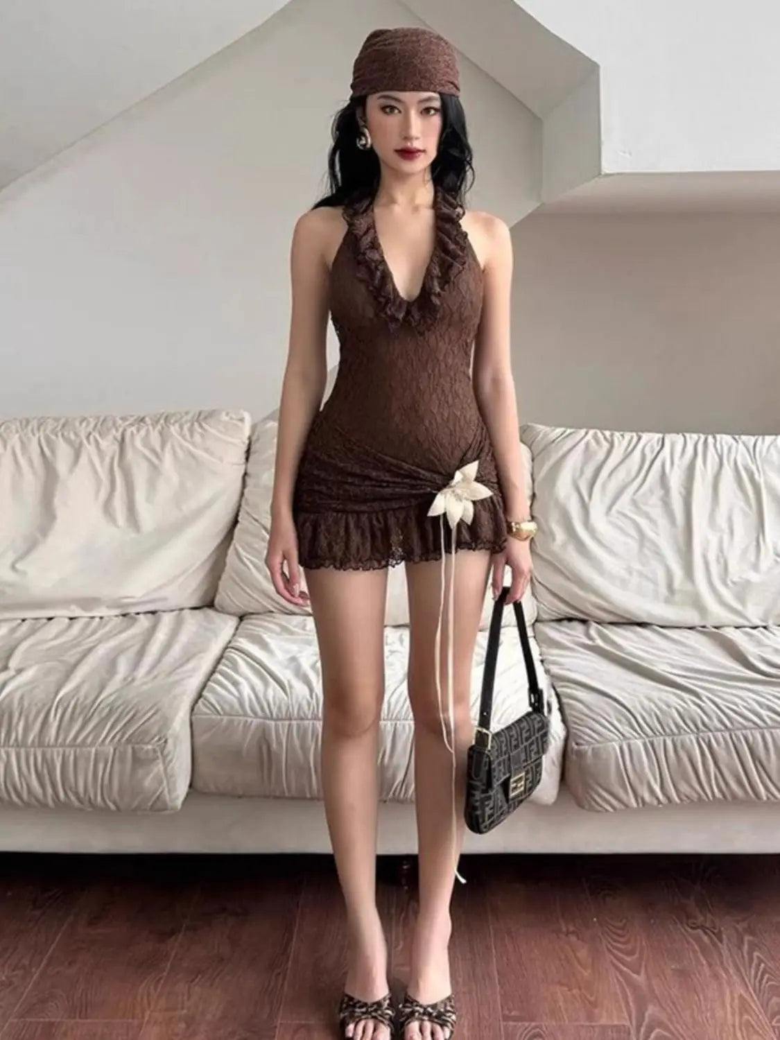Sexy retro vacation ruffle edge deep V halter neck dress female slim slim slim skirt