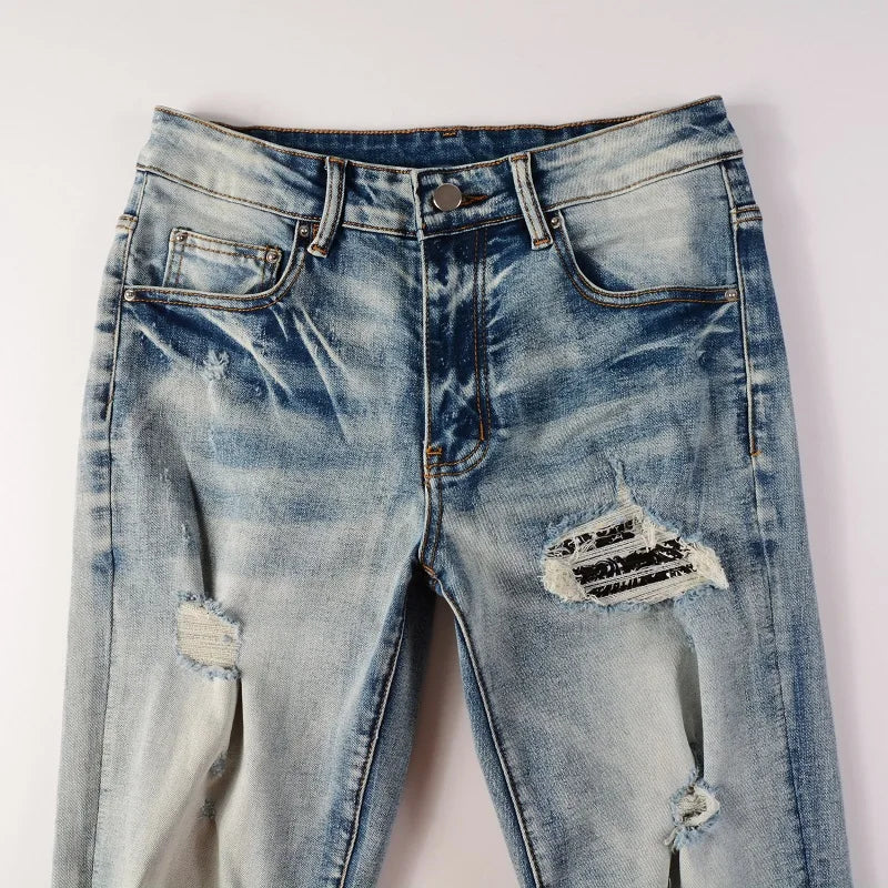 Men Paisley Bandana Print Patch Jeans Streetwear High Stretch Denim Pants Holes Ripped Patchwork Skinny Tapered Trousers