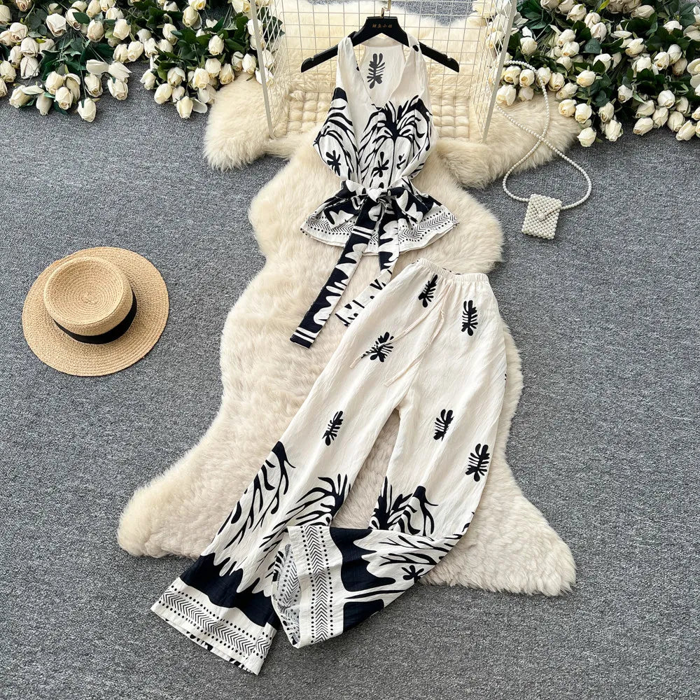 SINGREINY Boho Print Vacation Suits Summer 2026 Sleeveless Lace Up Tank Top+Loose Wide Leg Pant Chic Lazy Casual Women 2pcs Sets
