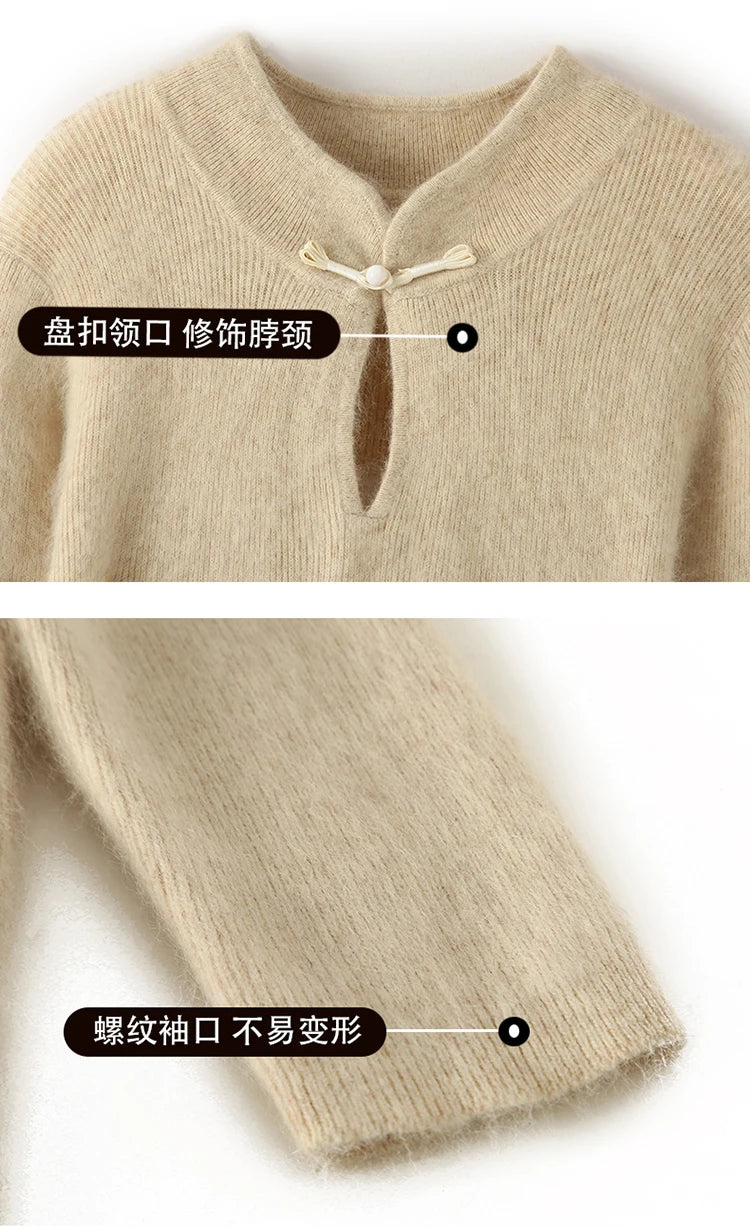 Women' 100%Pure Mink Cashmere Dress Stand-Up Collar Buckle Slim Knit Long Skirt Fashion High Waist Over The Knee Bottoming Dress