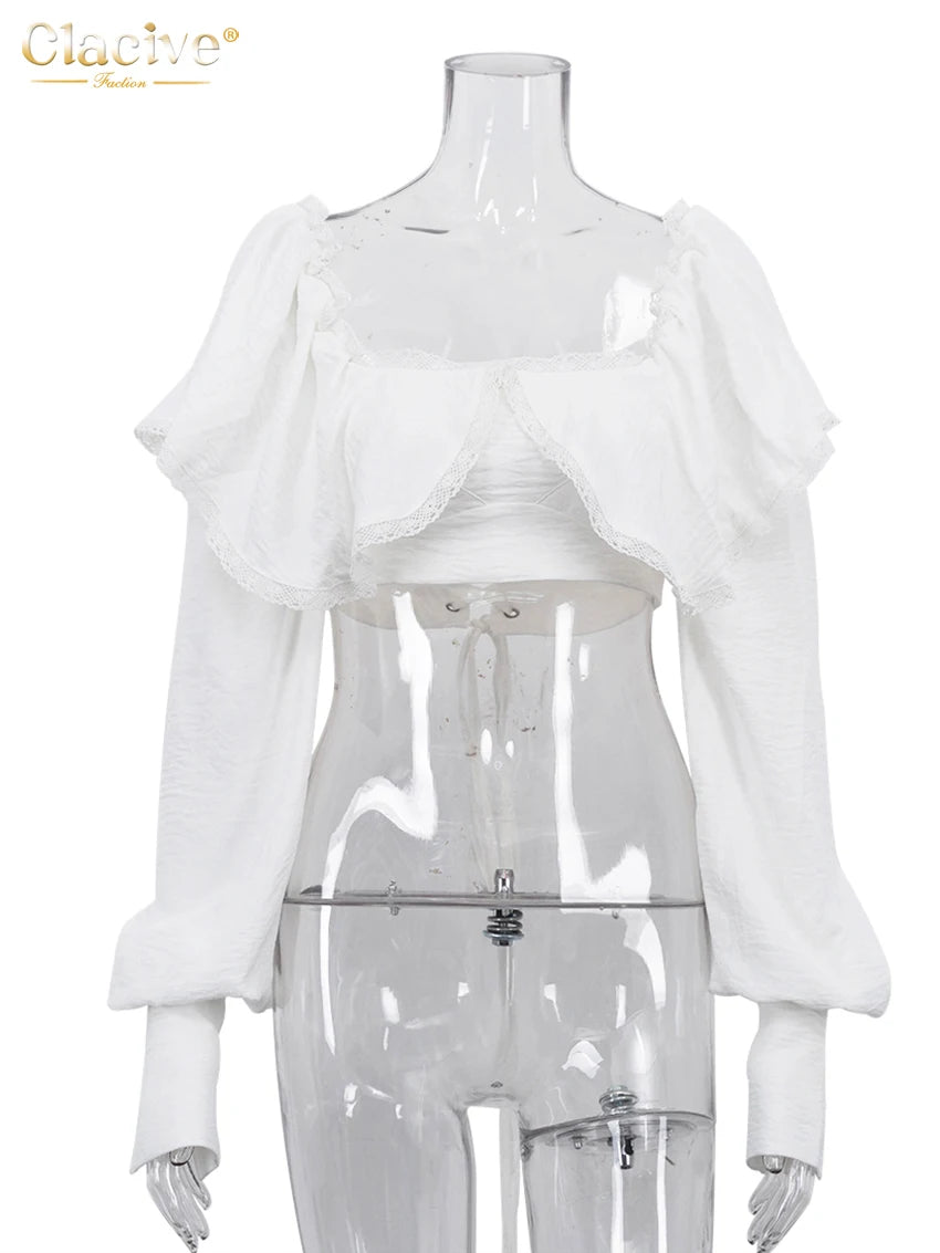 Clacive Sexy Slim White Women's Top 2025 Fashion Square Collar Long Sleeve Crop Top Elegant Classic Solid Tops Female Clothing