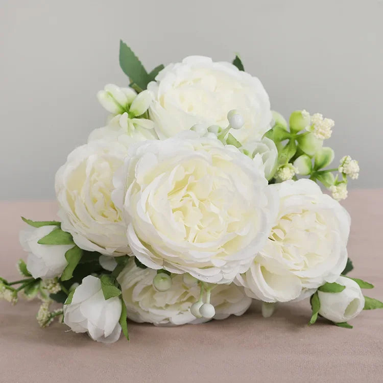 30cm Rose Pink Silk Peony Artificial Flowers Bouquet 5 Big Head and 4 Bud Cheap Fake Flowers for Home Wedding Decoration indoor