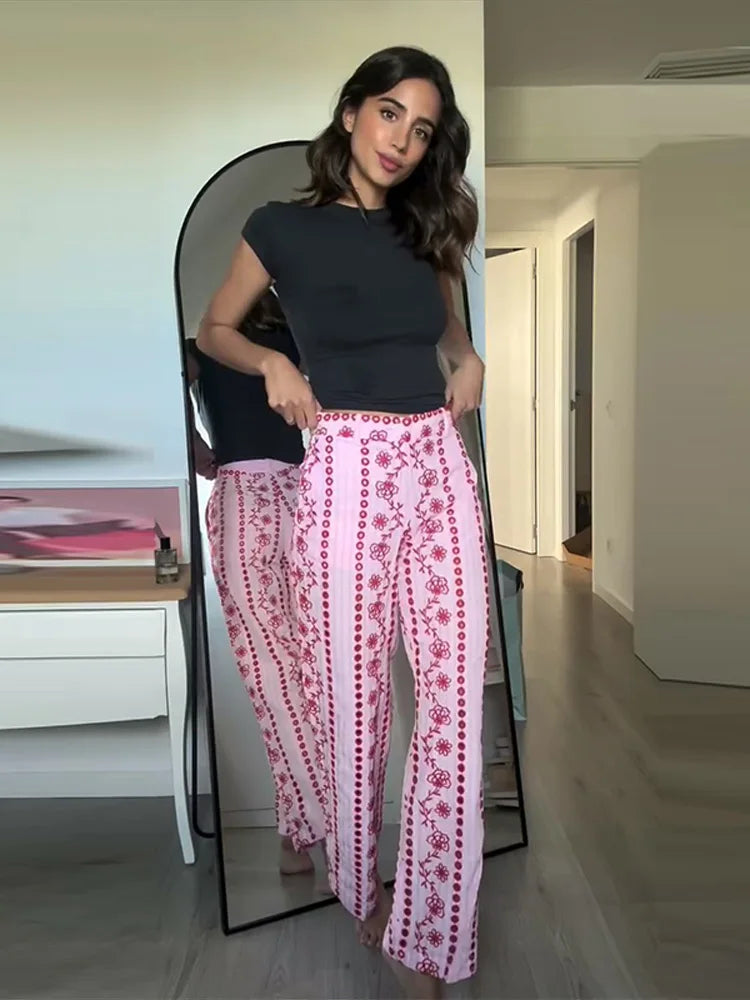 Casual Print Embroidery Pants Women High Waist Straight Hollow Out Trousers Female 2026 Spring Summer New Chic Cotton Streetwear