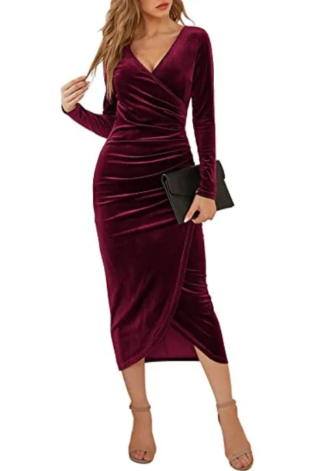 Sexy Woman Solid Color Long Sleeved Party Club Vestidos Autumn Fashion Women's V-neck Bag Hip Irregular Medium Long Dresses