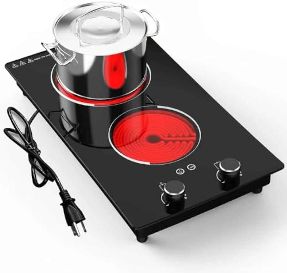 Electric Cooktop 2 Burners Knob Control Countertop Built-in Ceramic Cooktop