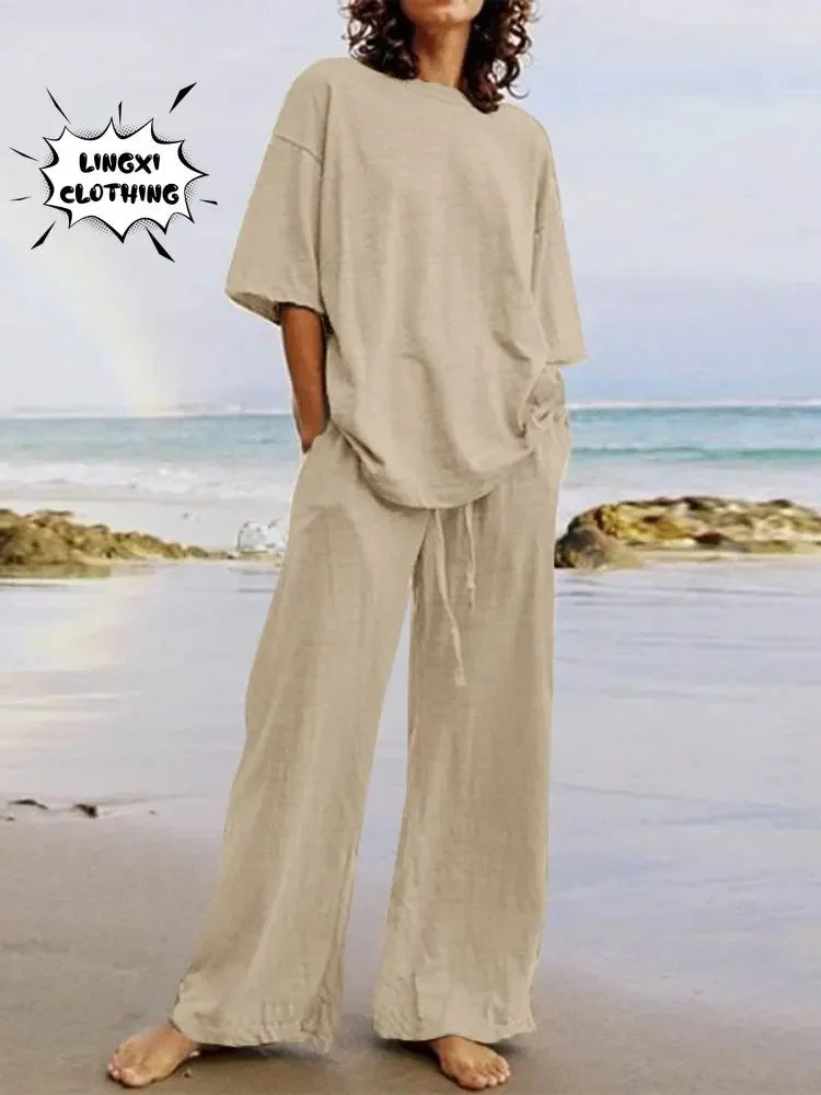 Fashion Women's 2-piece Set 2024 Summer Casual Pocket Set Half Sleeve O-Neck Top and Wide Leg Large Outline Pants Set
