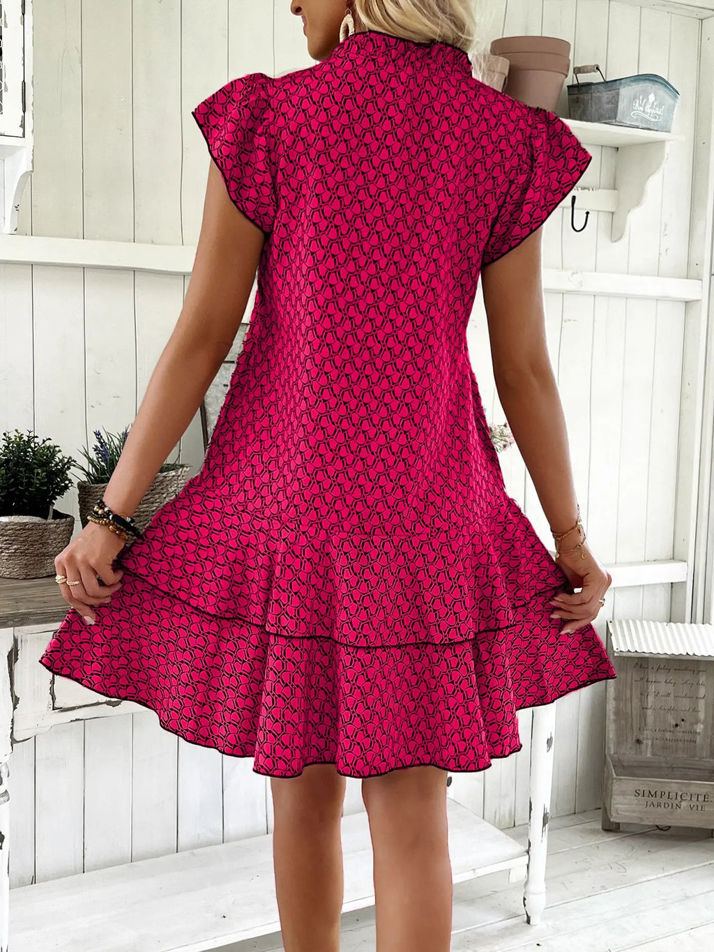 2025 Elegant Women's Casual Loose Ruffle Mini Dress Bohemian Printed V-neck Lace-up Small Flying Sleeve Dresses For Women S-3XL