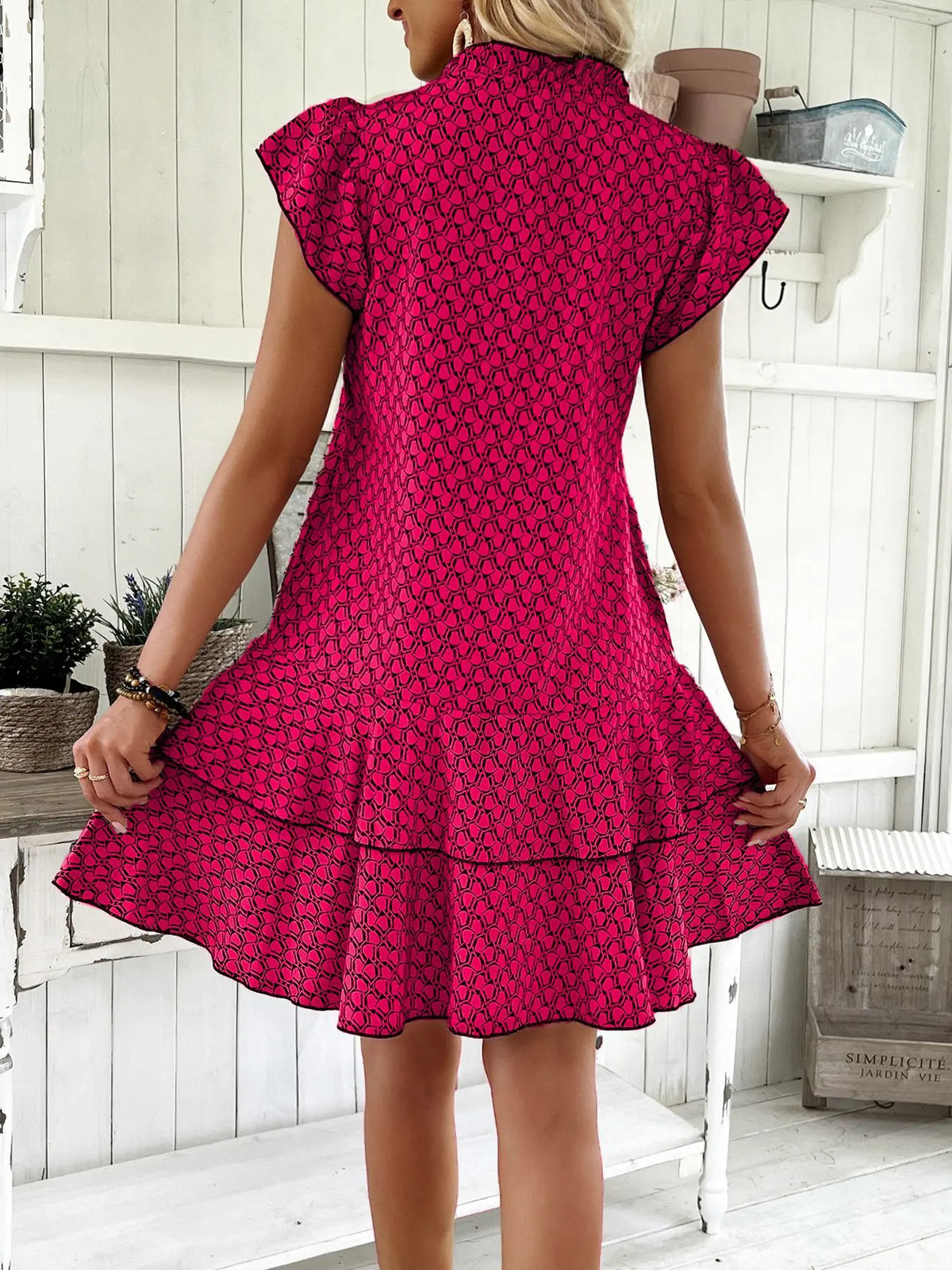 2025 Elegant Women's Casual Loose Ruffle Mini Dress Bohemian Printed V-neck Lace-up Small Flying Sleeve Dresses For Women S-3XL