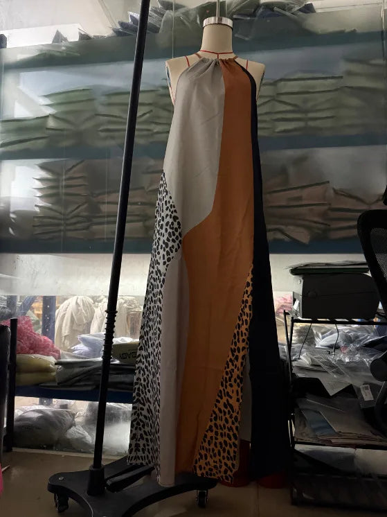 2026 New Women's Patchwork Animal Print Elegant Party Dresses Summer Halter Split Hem Long Dress Sleeveless Vacation Maxi Dress
