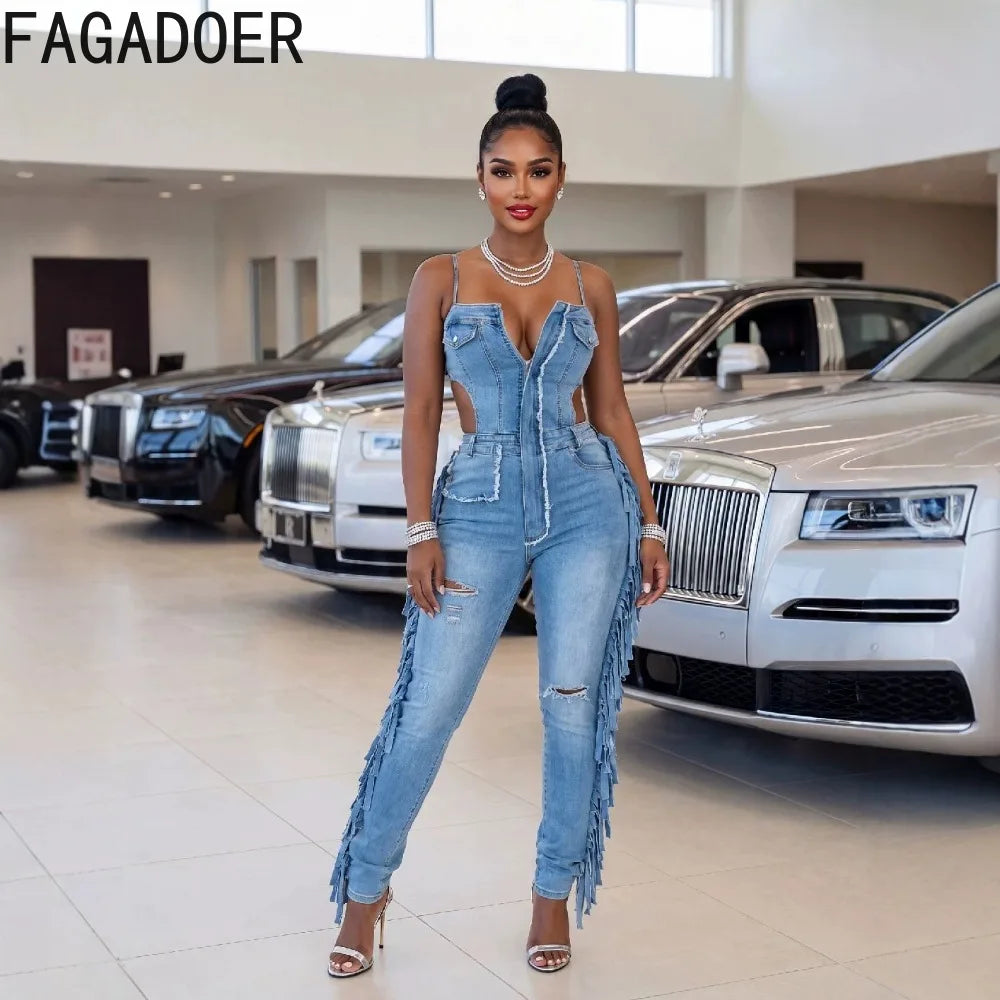 FAGADOER Fashion Fringed Bodycon Denim Jumpsuits Women Sexy Spaghetti Strap Hollow Out Zipper Pocket Patchwork Romper Streetwear