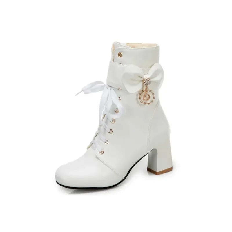 Winter Fashion British Style Round Head High Heels Women Boots Black White Pink Sweet Butterfly-Knot High Heels Women Boots