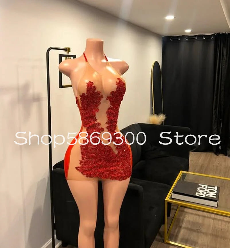 Red Sparkly Mini Evening Cocktail Dresses for Black Girl 2025 Sheer Mesh Luxury Crystal Backless Birhtday Gala Gown Customsized