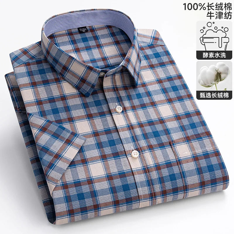 New 100% Cotton Oxford Men's Shirts Short Sleeve Plaid Soft Regular Fit Formal Dress Shirt Social Blouse Male Clothes 6XL 7XL