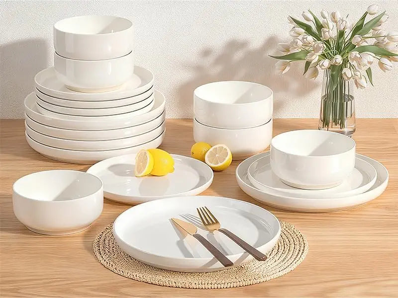 12-Piece Cream White Dinnerware Set for 4, Ceramic Plates & Bowls, Microwave & Dishwasher Safe