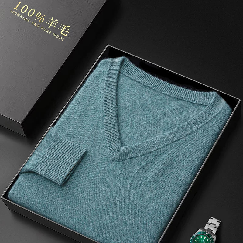100% Merino Wool Men's V-Neck Pullover Autumn and Winter Basic Knit Versatile Sweater Casual Long Sleeve Shirt Cashmere Man Top