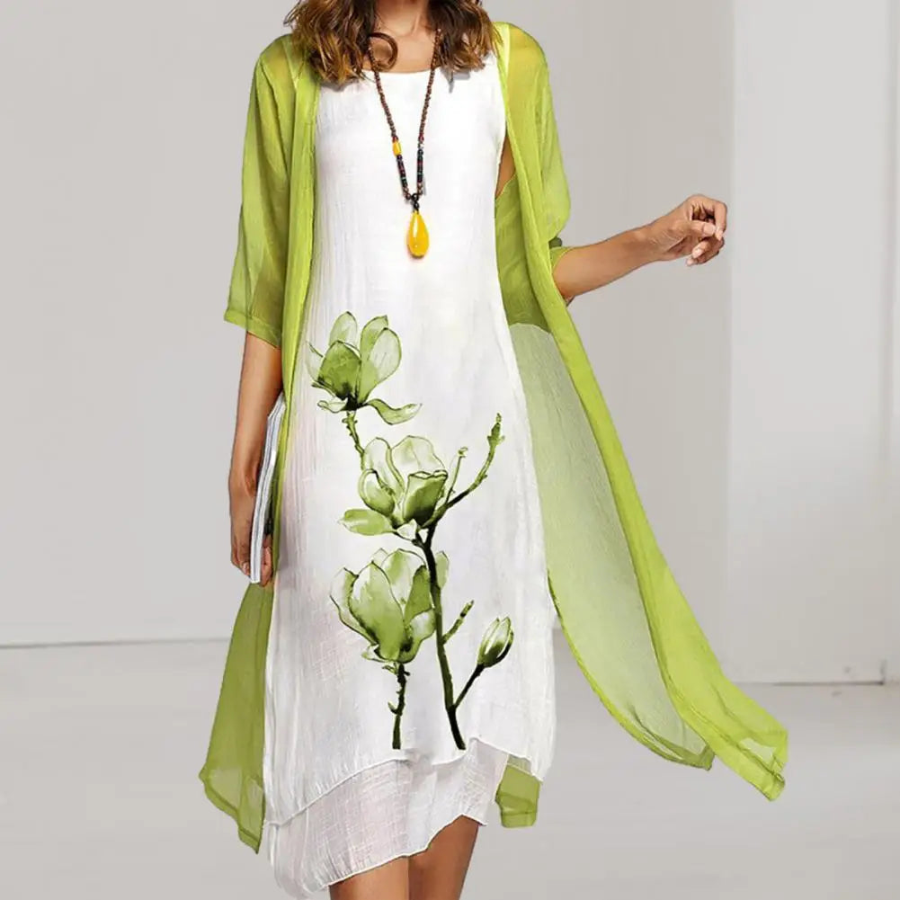 Flower Print Elegant Dress Shawl Coat Set Irregular Hem Dress Cardigan Coat Set Women Two-piece Mid Length Dress Coat Set 80%