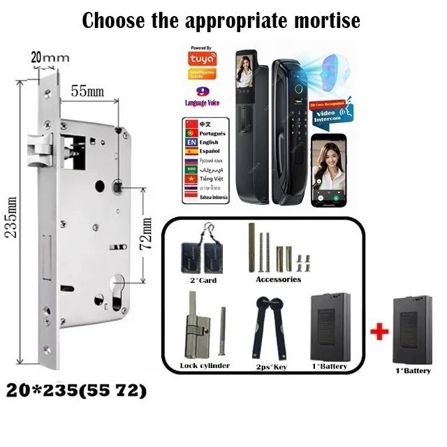 5050 5072 5572 4585 6085 Mortise Tuya WiFi Video Intercom 3D Face Recognition Smart Lock Biometric Camera Auto Keyless Lock