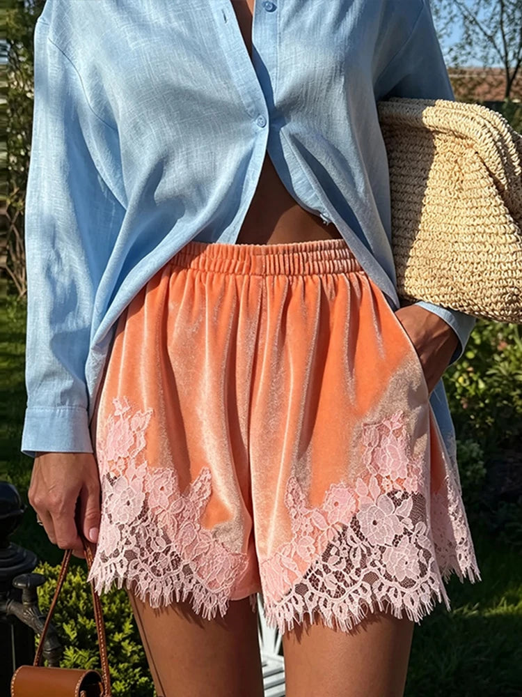 Y2K Velvet Lace Splicing Shorts Women Elastic Waist Contrast Pink Lace Trim Summer Loose Mini Pants Beach Vacation Wear Clothes