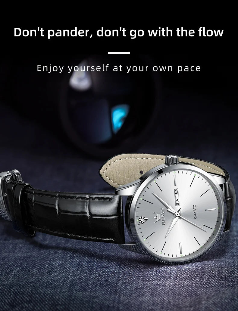 OLEVS 2935 Business Casual Men's Watch Waterproof Leather Strap Luxury Brand Date Week Temperament Trend Quartz Men's Watch