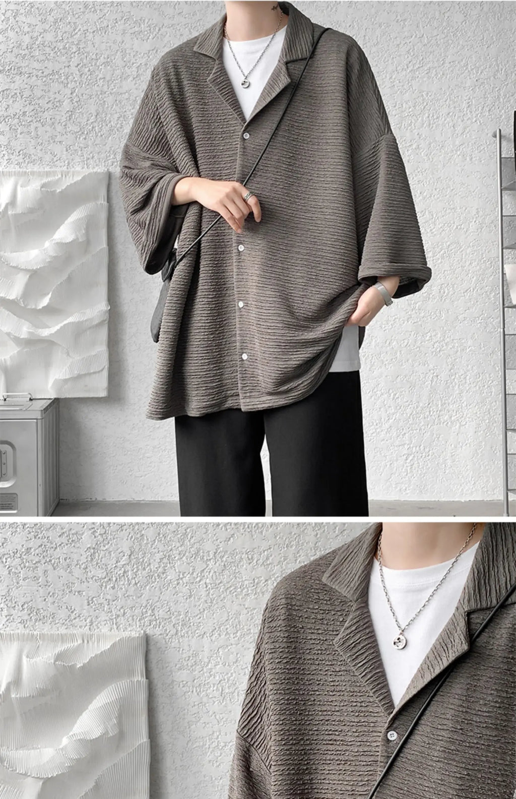 LEGIBLE Spring Summer Solid Shirts Men Casual Oversized Three Quarter Shirts Male Loose Fit Shirt for Man