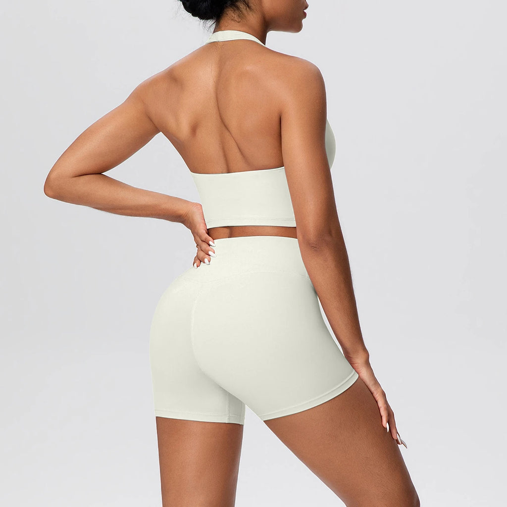 New solid-color double-sided brushed tight-fitting neckless short pants yoga set for exercise, running and fitness two-piece set