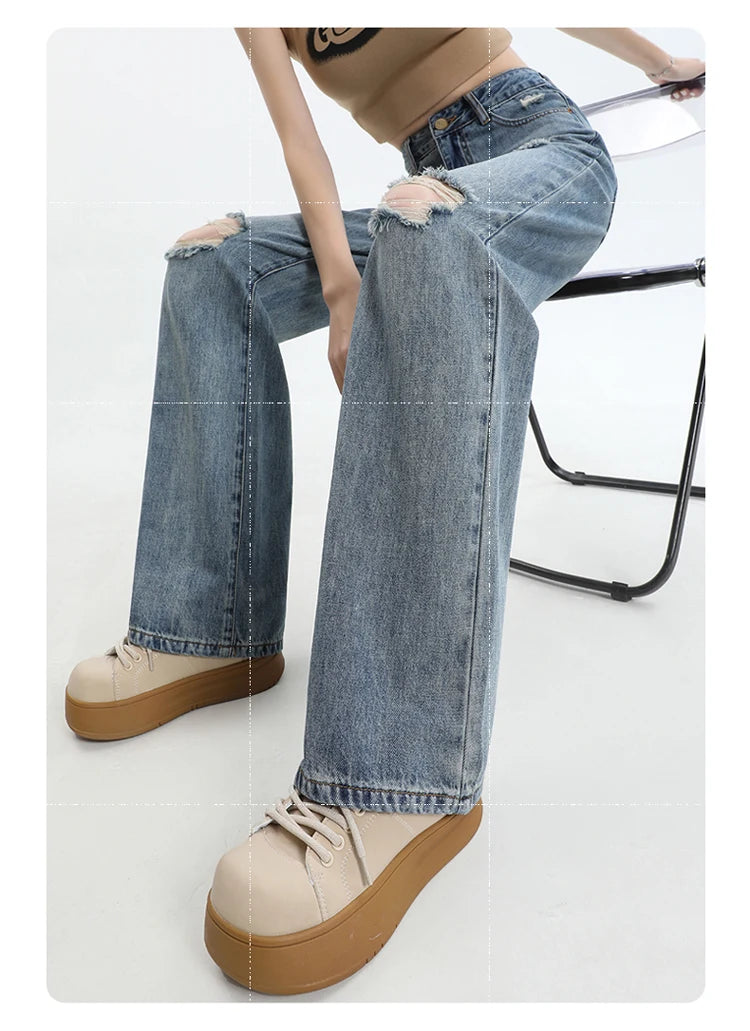 New Ripped Casual Loose Women Jeans High Waist Blue Korean Straight Pants Female Chicly Fashion Street Slim Woman Jeans