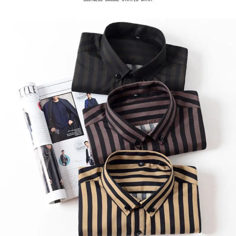 2024 Spring and Autumn Fashion Trend Casual Business Minimalist Buckle Neck Stripe Print Slim Fit Oversize Long Sleeved Shirt