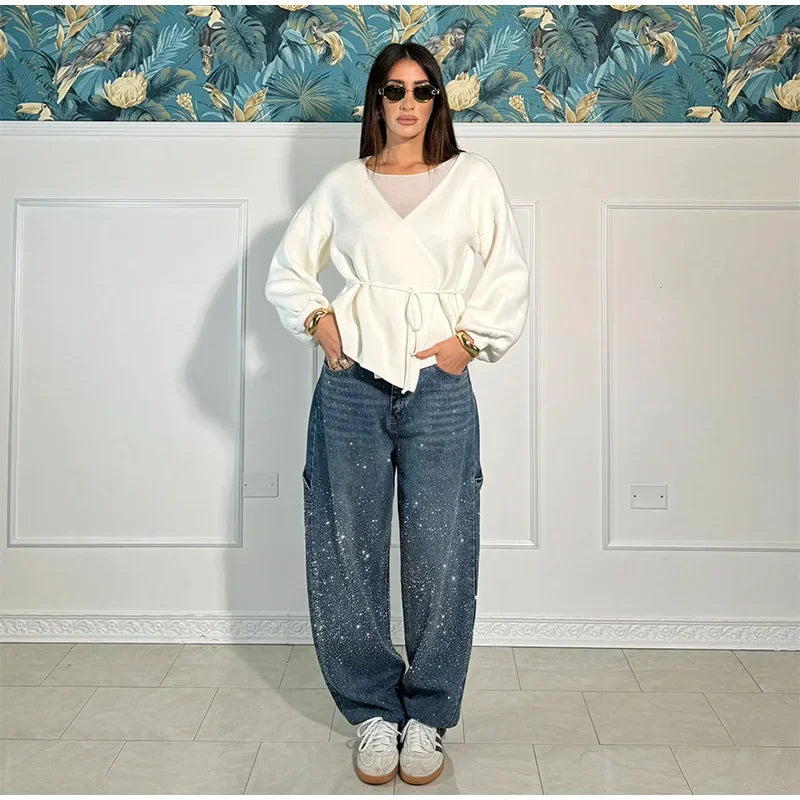 Shiny Rhinestone Baggy Women's Wide Leg Jeans Full Diamond Wide Leg Dragging Denim Pants Vintage Washed Pants Casual Trousers