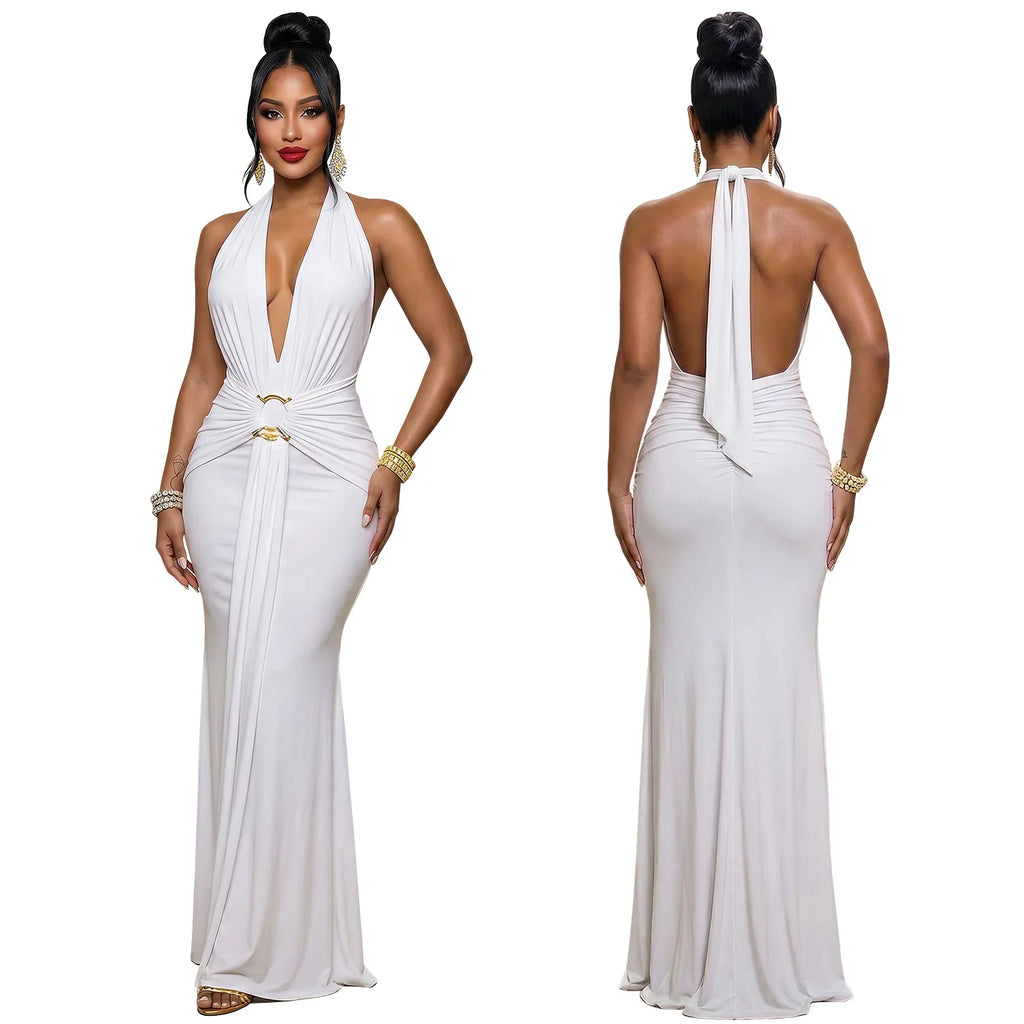 EINY Sexy Women White Halter Maxi Dress Elegant Backless Ruched Bodycon Long Gown Party Club Night Birthday Mermaid Dresses Y2K
