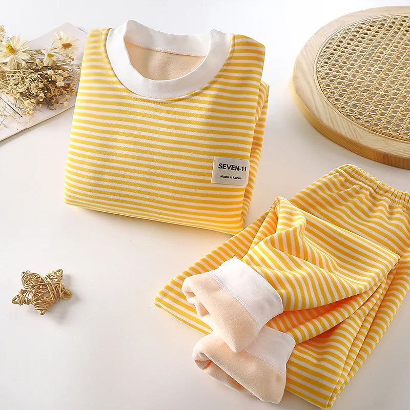 Children's Home Clothing, Autumn and Winter Warm Clothes, Girls' Long Sleeved Top with Plush Bottom, Boys' Top and Pants Set