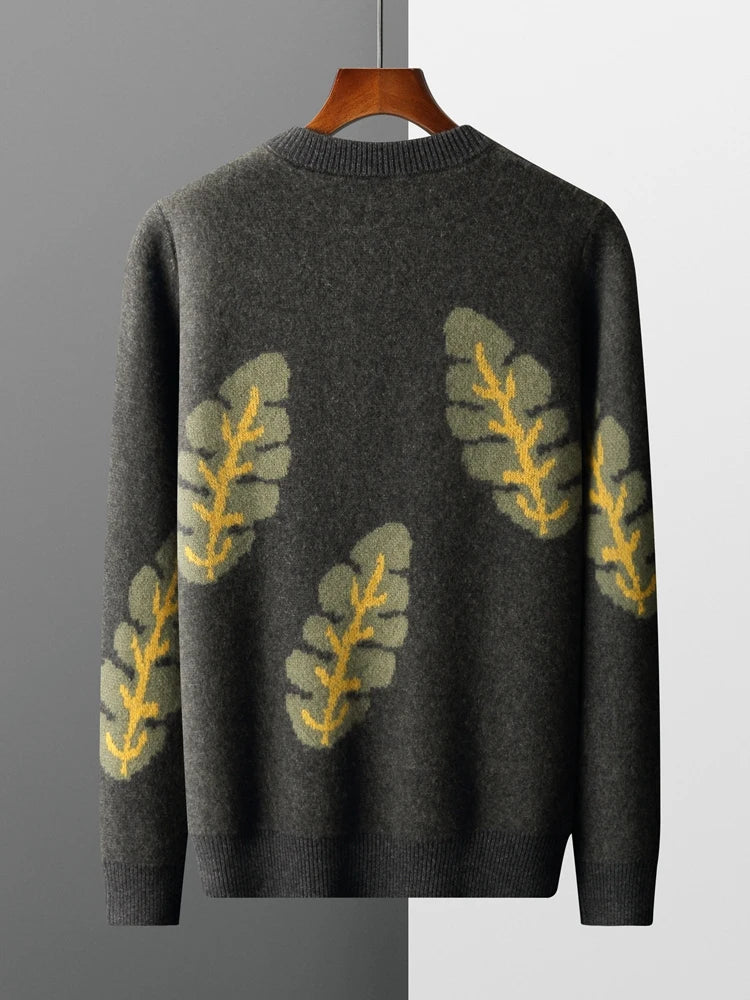 Jacquard Autumn Winter New Cashmere Sweater Men's Round Neck Pullover 100% Merino Wool Knitted Casual Fashion Retro Thicken Top
