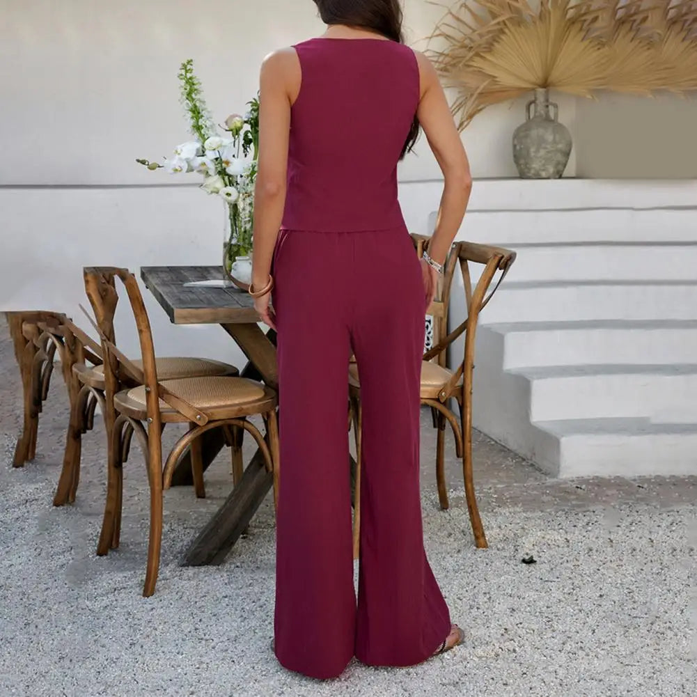 Women's Summer Comfortable Casual Simple Solid Color Two-piece Set Fashion Sleeveless V-neck Strap Short Top Wide-leg Pants Sets
